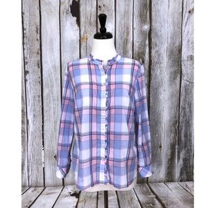 Talbots Plaid Ruffle Trim Button Up Blouse